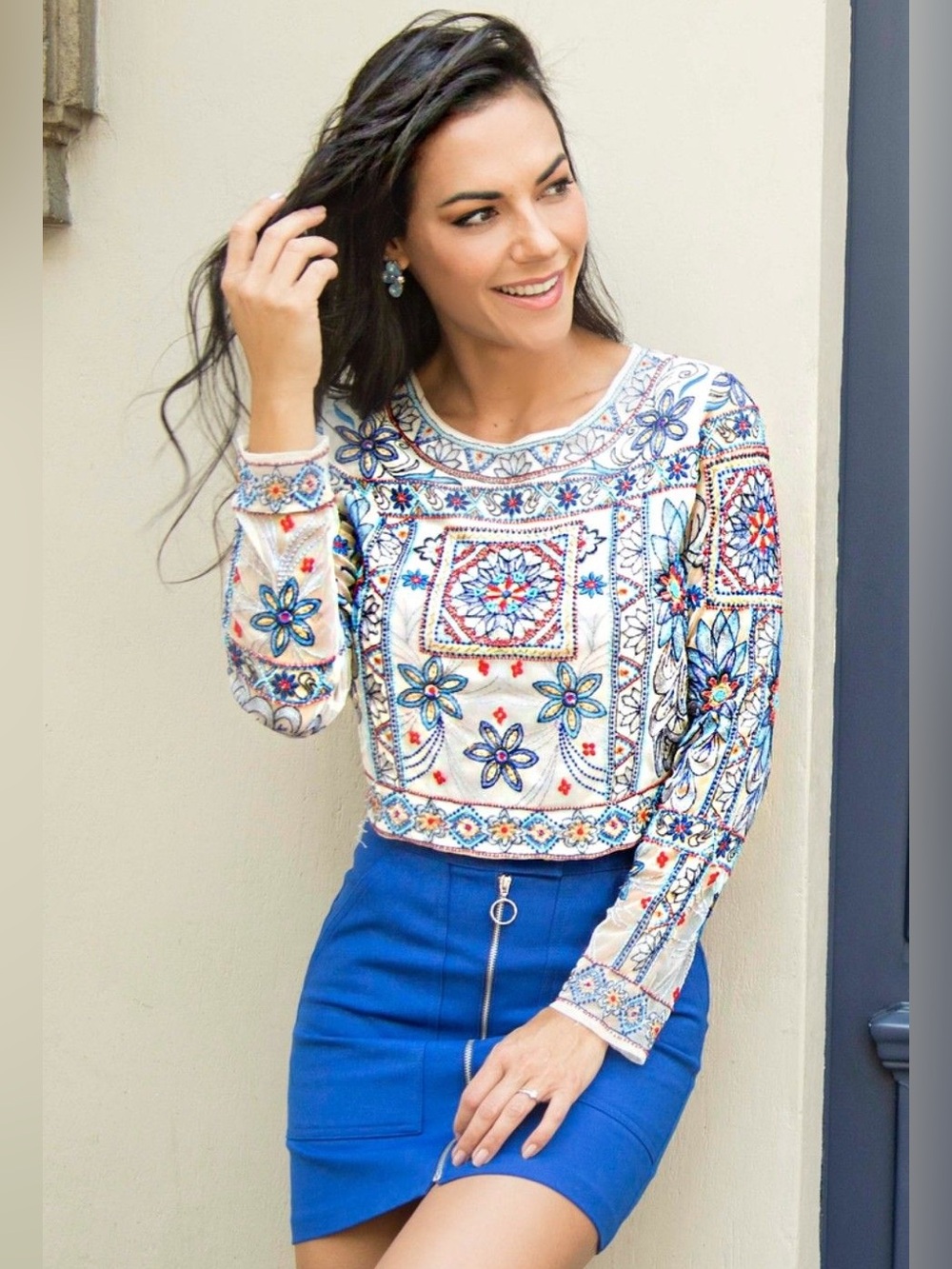 Zara Woman Premium Denim Collection Embroidered Beaded Cropped Sheer Sleeve Top